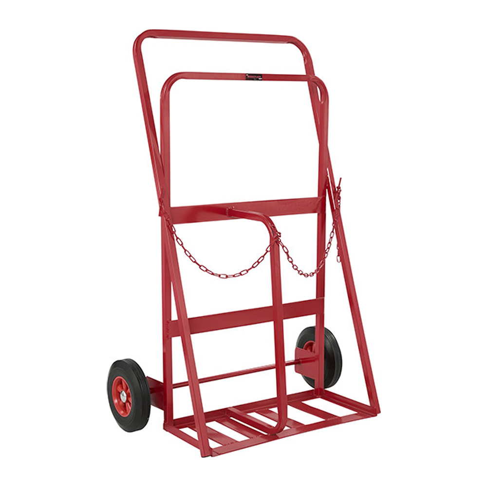 Red powder-coated steel Double Gas Cylinder Trolley with twin bays, retaining chains, slatted base and two solid rubber wheels