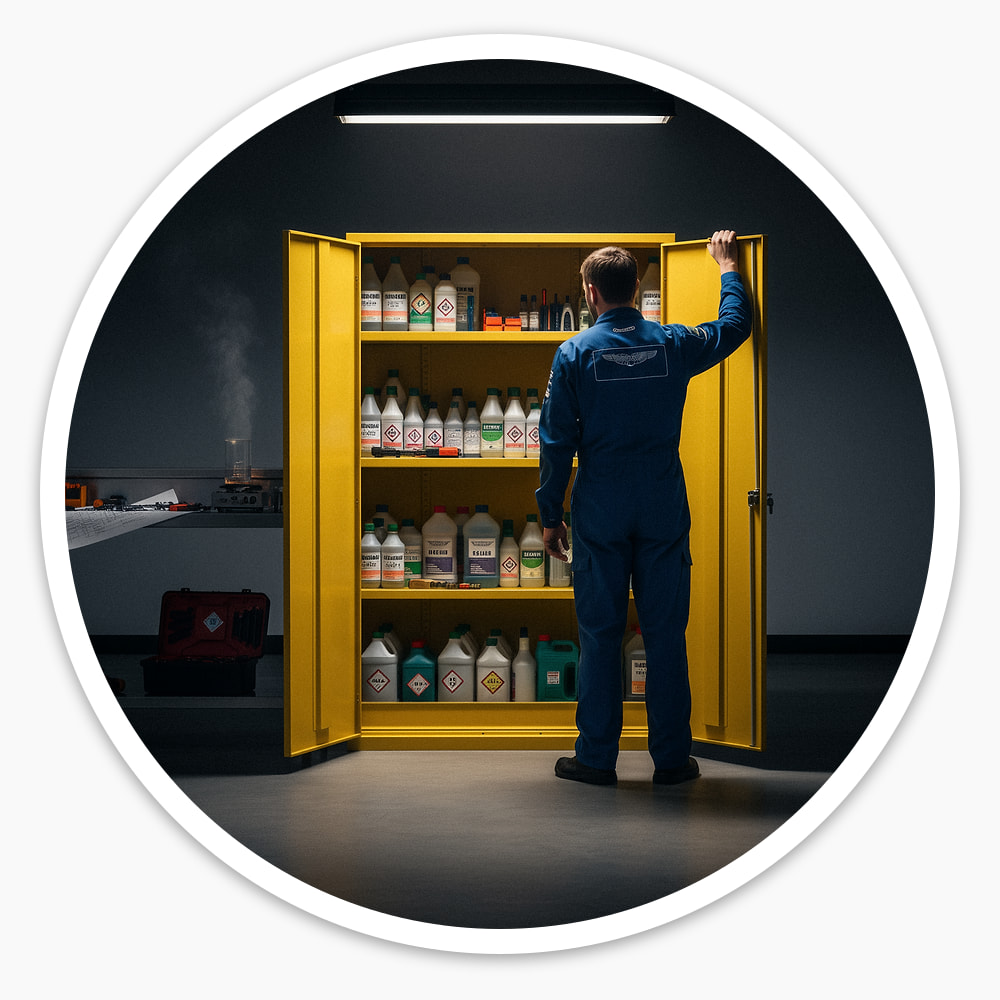 Worker in overalls opening the yellow flammable COSHH cupboard, its 2 doors showing shelves of labelled chemical containers