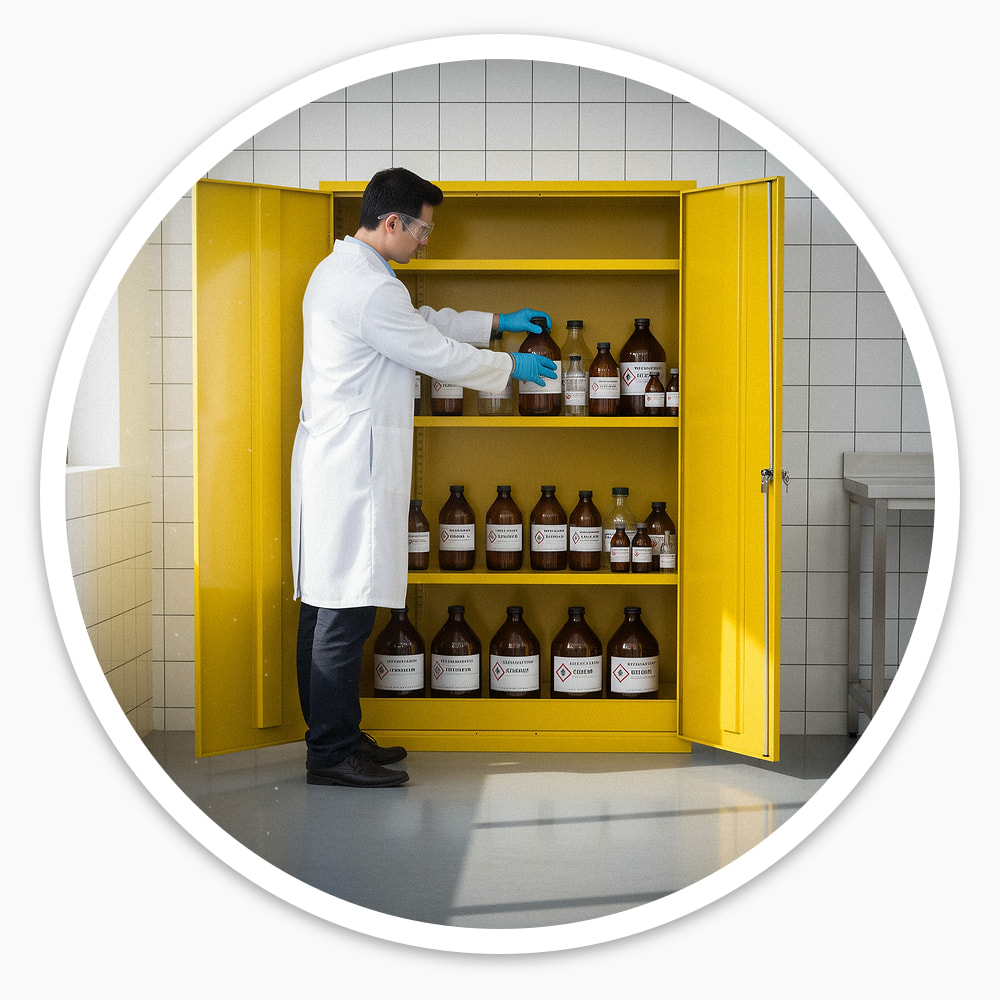 Lab technician in gloves placing chemical bottles on the shelves of a yellow 1830mm flammable COSHH cupboard with spill sump