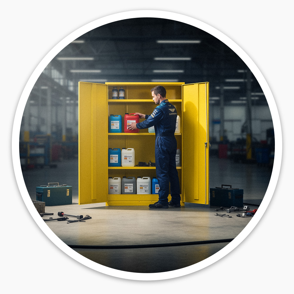 Mechanic stocking chemical cans on the shelves of a yellow 1830mm flammable COSHH cupboard with 2 doors open in a workshop