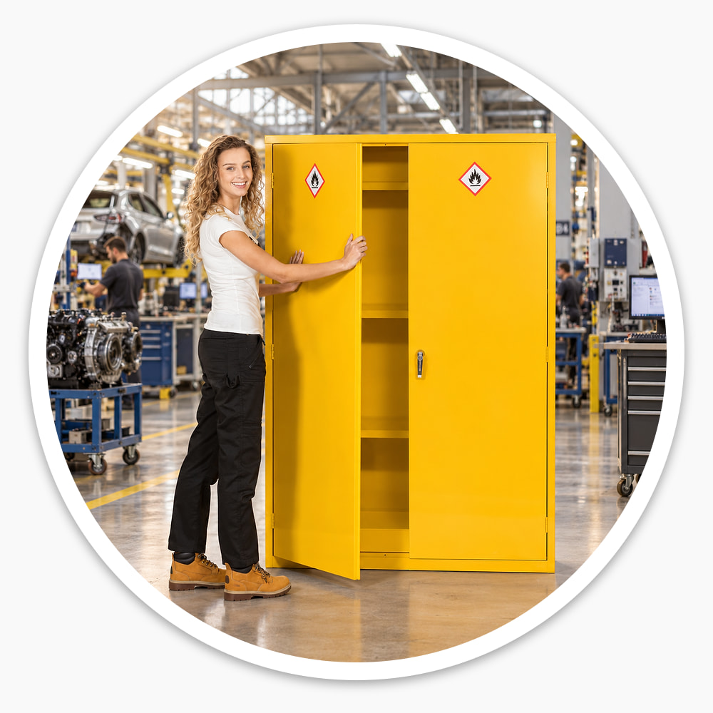 Worker opening the yellow 1830mm flammable COSHH cupboard with 3 shelves on a busy vehicle assembly floor