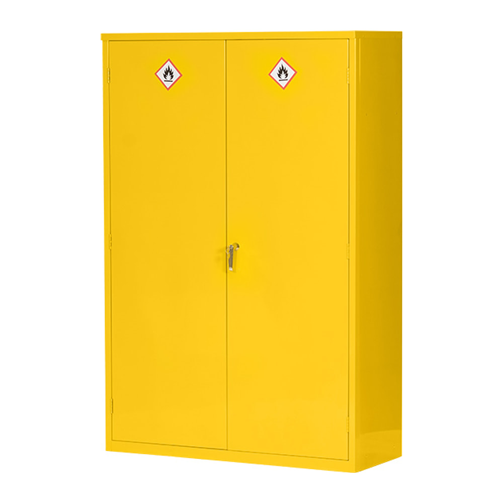 Yellow powder-coated flammable COSHH cupboard with 2 doors, seen from an angle