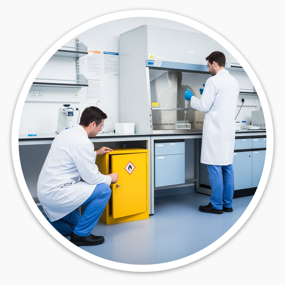 Lab technician kneeling to open a yellow 710mm Flammable COSHH Cabinet with flame warning sticker under a laboratory bench