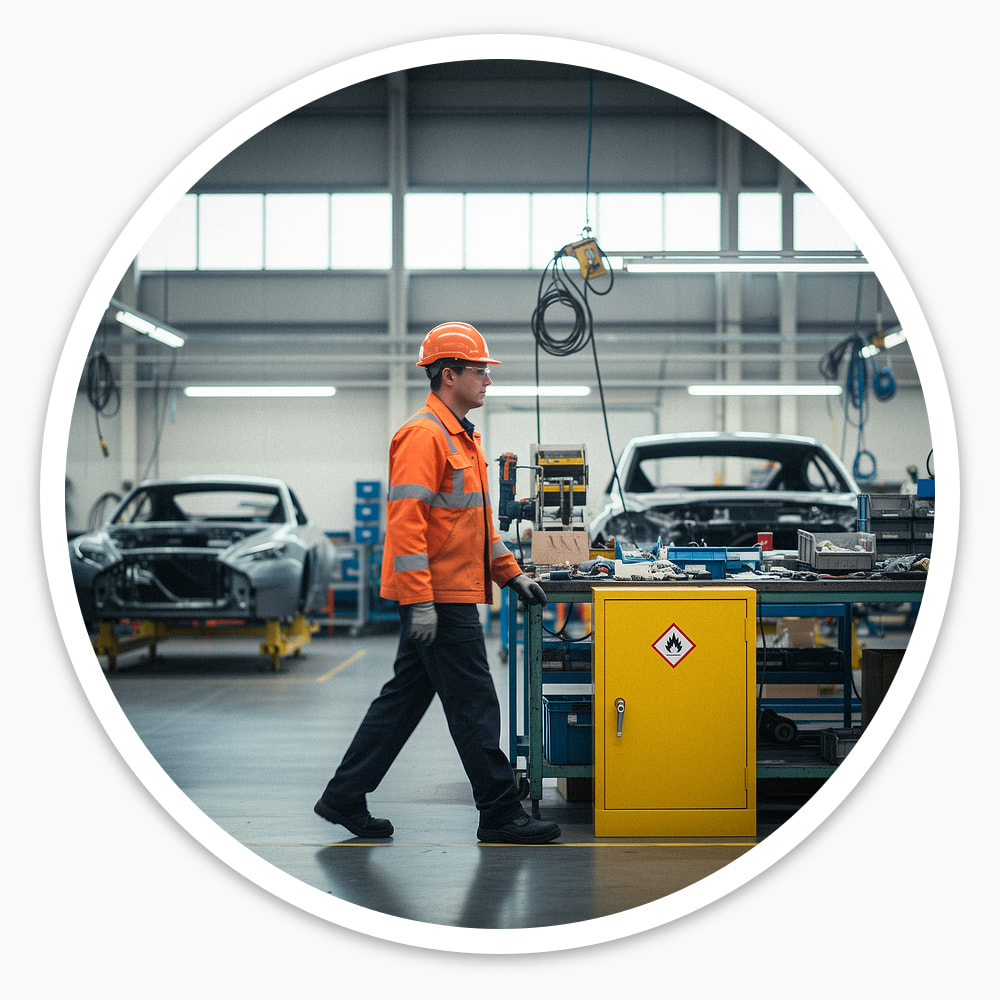 Yellow 710mm Flammable COSHH Cabinet with 1 door beside a workbench in a car workshop as a worker in hi-vis walks past