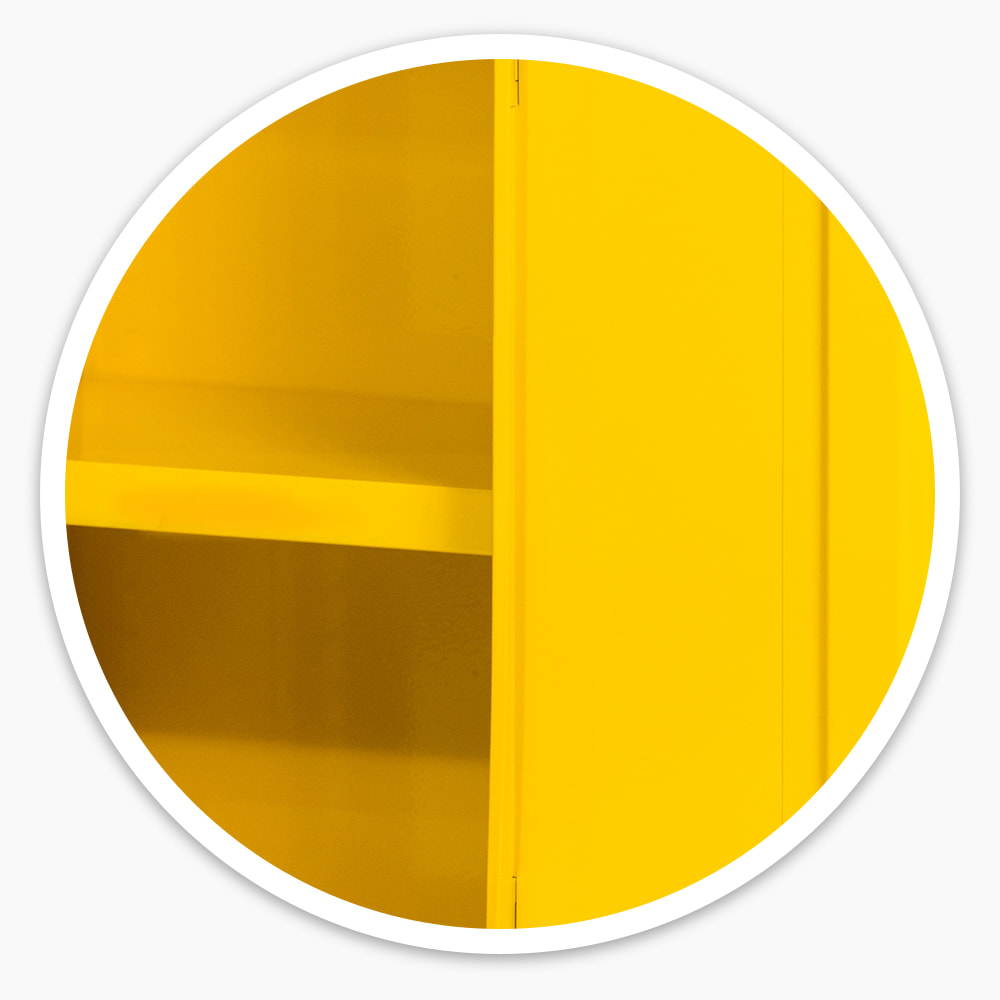 Yellow 710mm Flammable COSHH Cabinet with its door open, showing the adjustable shelf on slotted side racks
