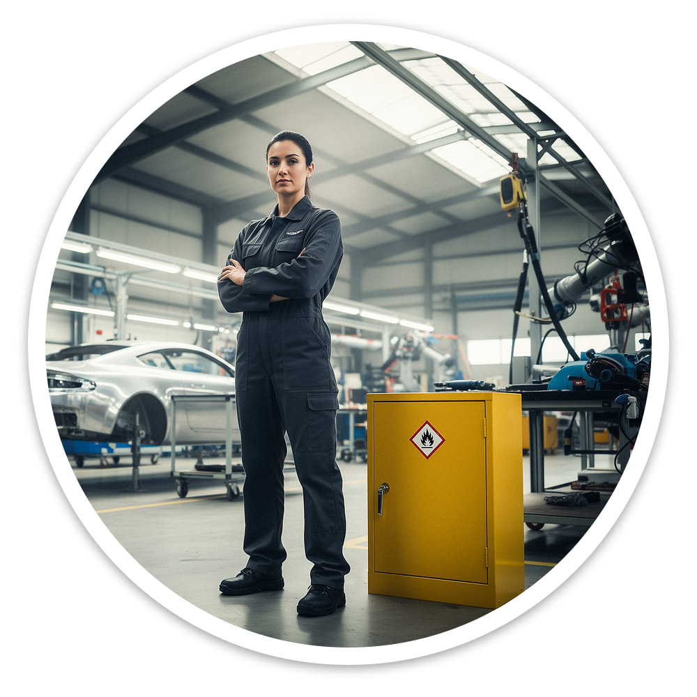 Yellow 710mm Flammable COSHH Cabinet with 1 door beside a technician in overalls in a car workshop