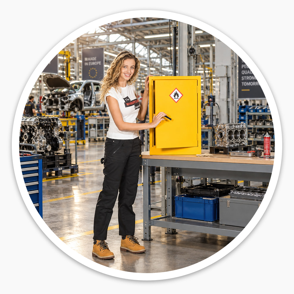 Worker opening the yellow 710mm Flammable COSHH Cabinet on a workbench in a busy car engine factory