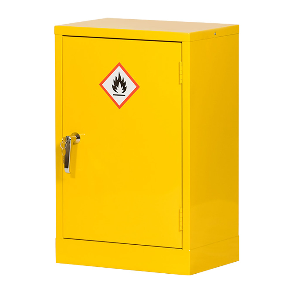 Yellow 710mm flammable COSHH cabinet with one locked door and a flame hazard sign, shown at an angle on white