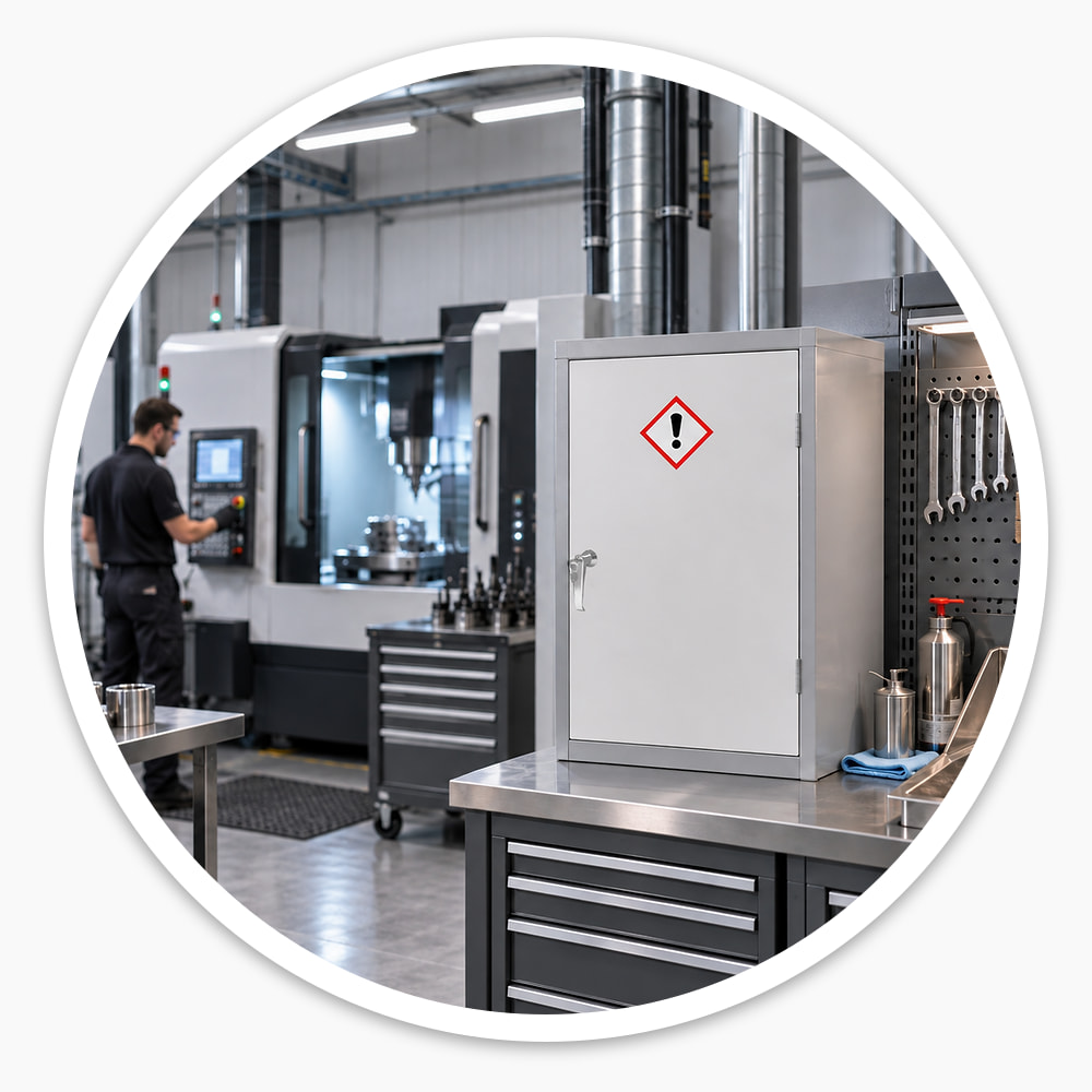 910mm COSHH cabinet with a hazard sticker on a stainless steel workbench in a machine workshop, beside a tool pegboard