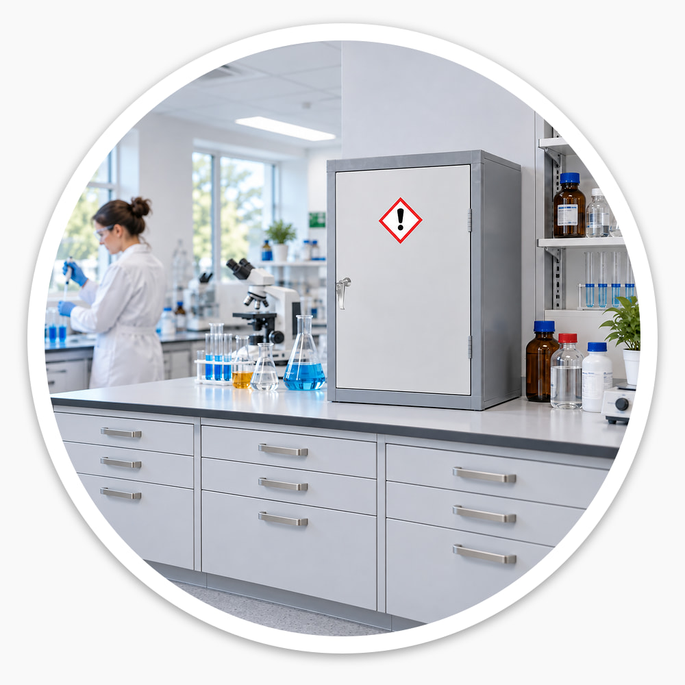 910mm COSHH Cabinet with hazard sign on a laboratory bench beside chemical bottles, a scientist working behind