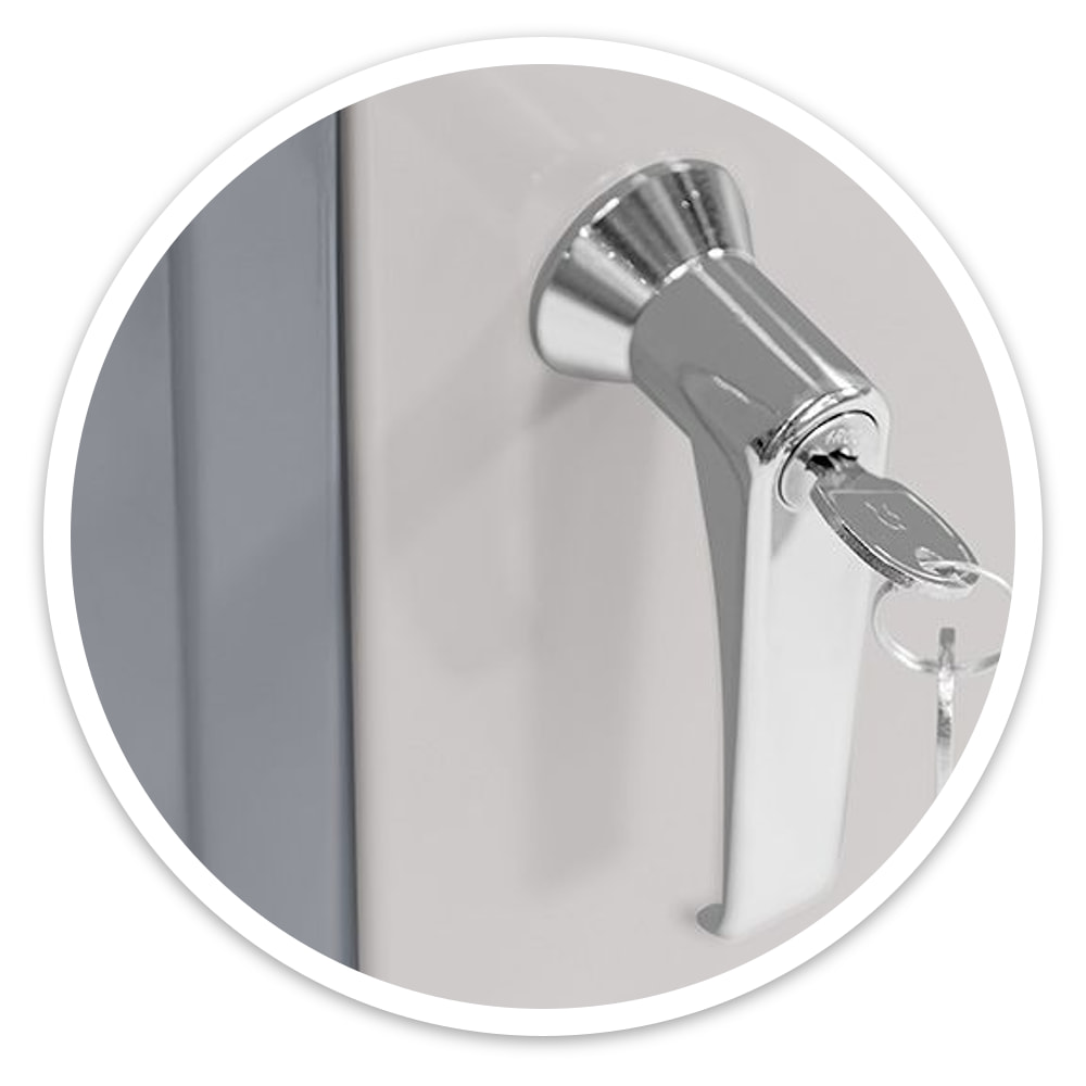 Close-up of the chrome locking handle with keys on the 910mm COSHH cabinet door