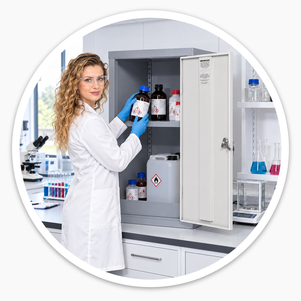 Lab technician places a chemical bottle on the shelf of the 910mm COSHH Cabinet, with a large container in the sump below