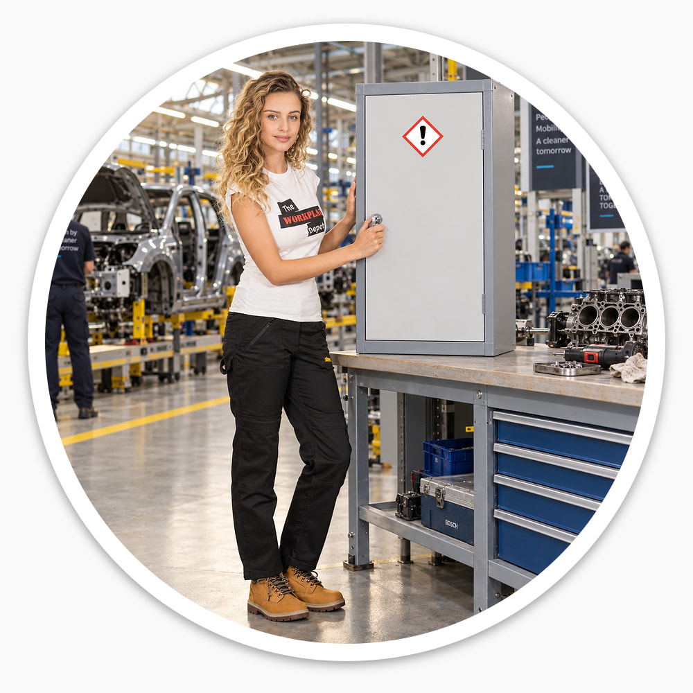 Worker opening a 910mm COSHH Cabinet with hazard sign, standing on a workbench in a car factory