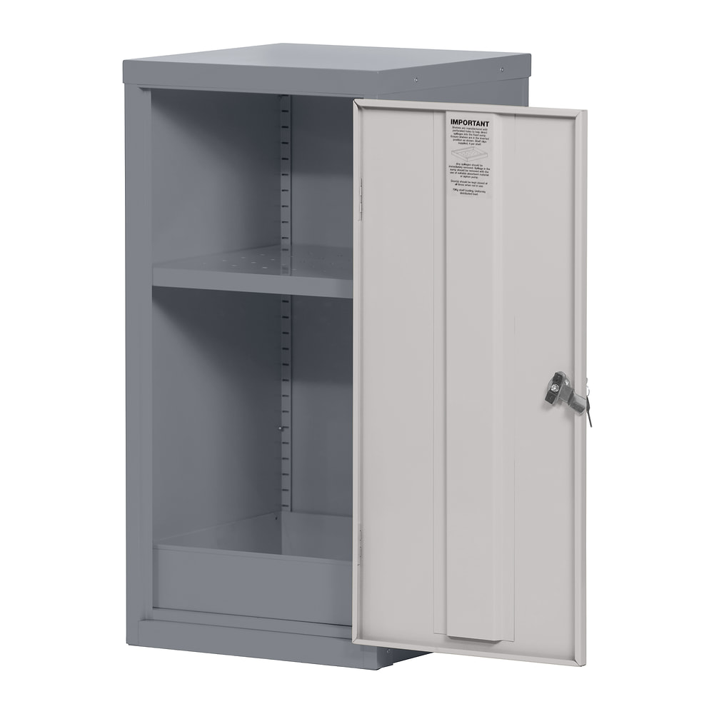 910mm COSHH Cabinet with its light grey door open, showing the steel stiffener down the inside of the door, a shelf and spill sump