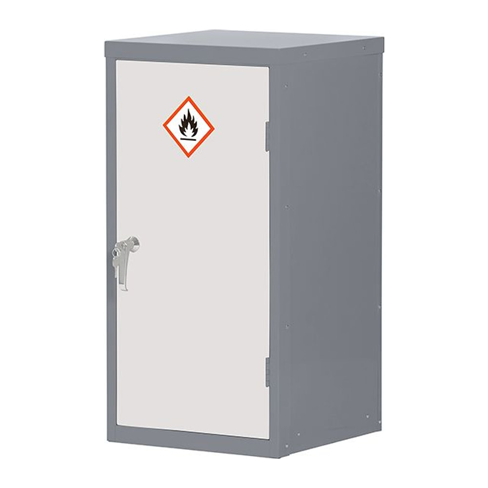 910mm COSHH Cabinet with a grey powder-coated steel body, light grey door, flammable hazard sign and locking handle