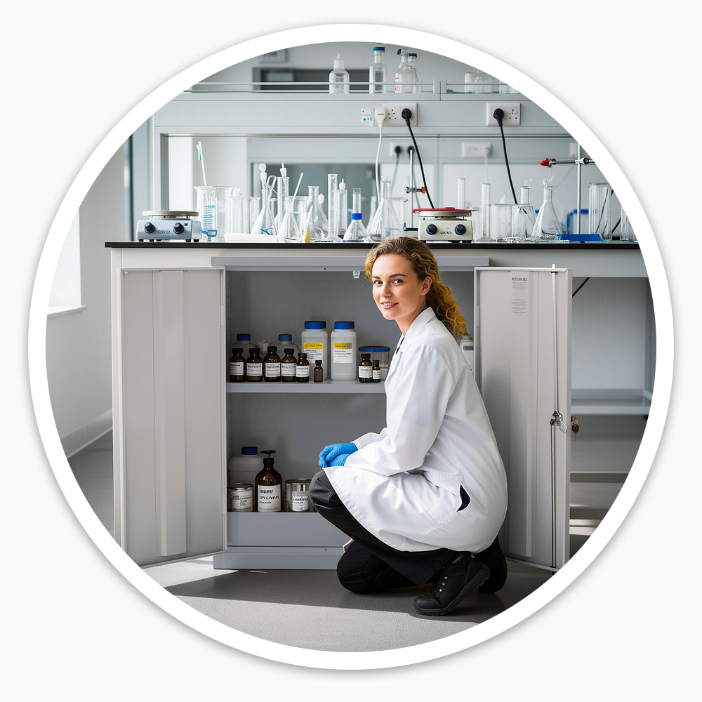 Lab technician kneeling by an open 1000mm COSHH Cupboard with 2 doors and 1 shelf, holding bottles of chemicals