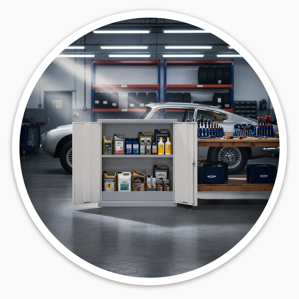 1000mm COSHH Cupboard, doors open, holding oil and chemical containers on its shelf and in the base sump, in a car workshop