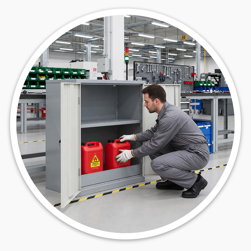 Worker in gloves placing red fuel cans below the shelf of a 1000mm COSHH Cupboard with 2 doors and spill sump in a workshop
