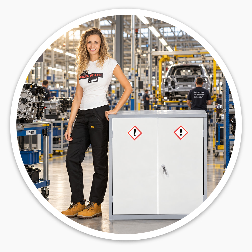 Woman leaning on a grey 1000mm two-door COSHH cupboard with hazard labels on a car factory production floor