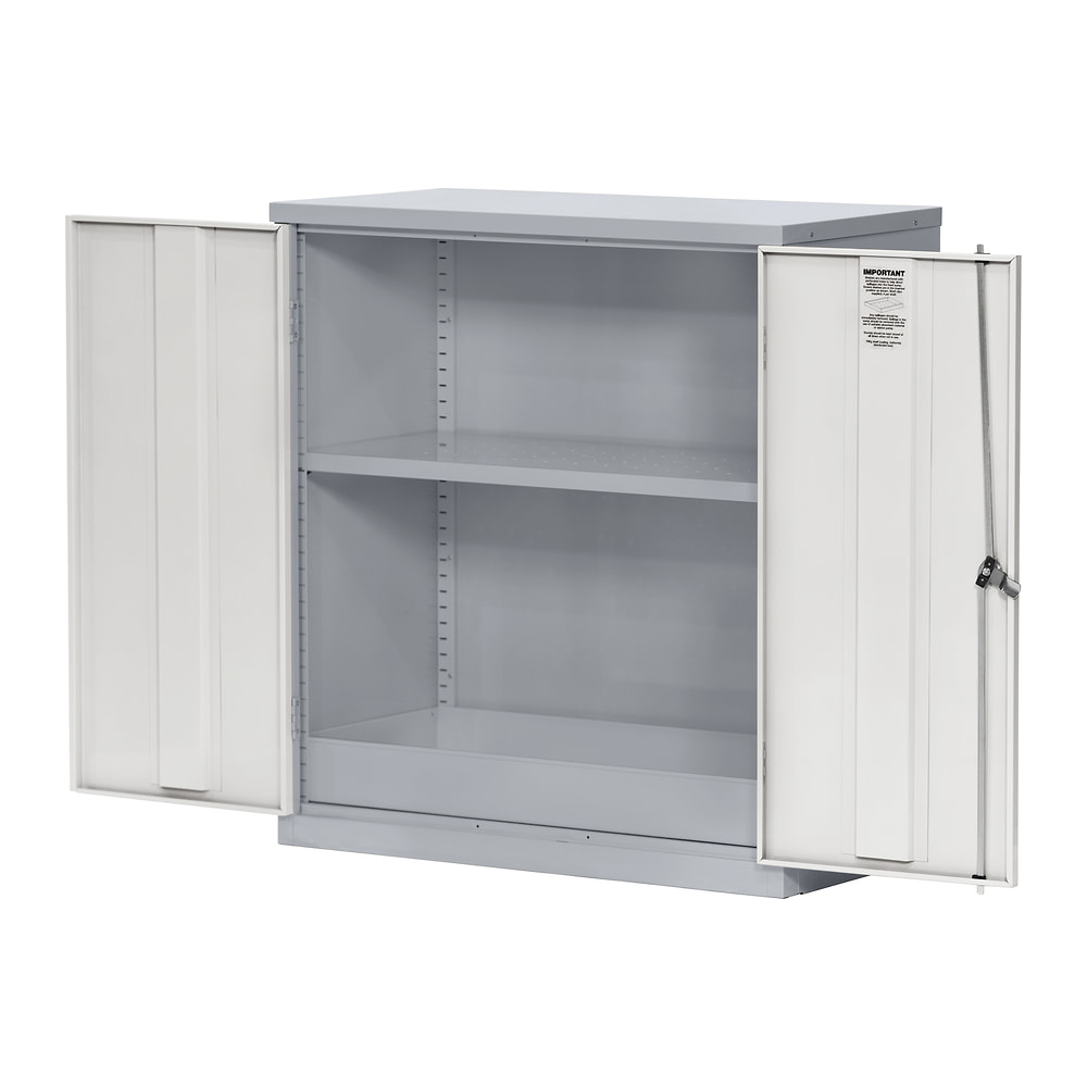 1000mm COSHH Cupboard with both reinforced steel doors open, showing the grey shelf and the spill sump at the base