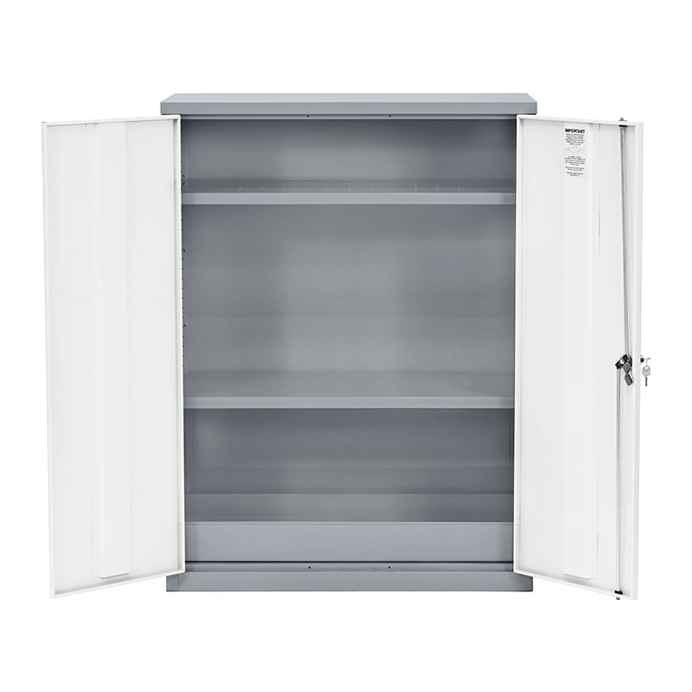 1000mm COSHH Cupboard with both light grey doors open, showing a grey steel interior, shelves, the spill sump base and a locking bar