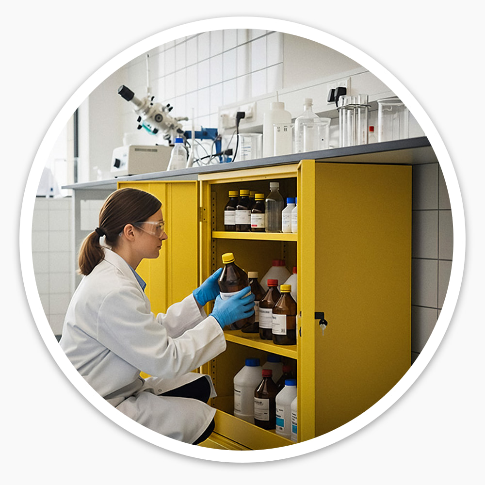 Lab technician taking a bottle from a yellow flammable COSHH cupboard, with containers on the base above the spill sump