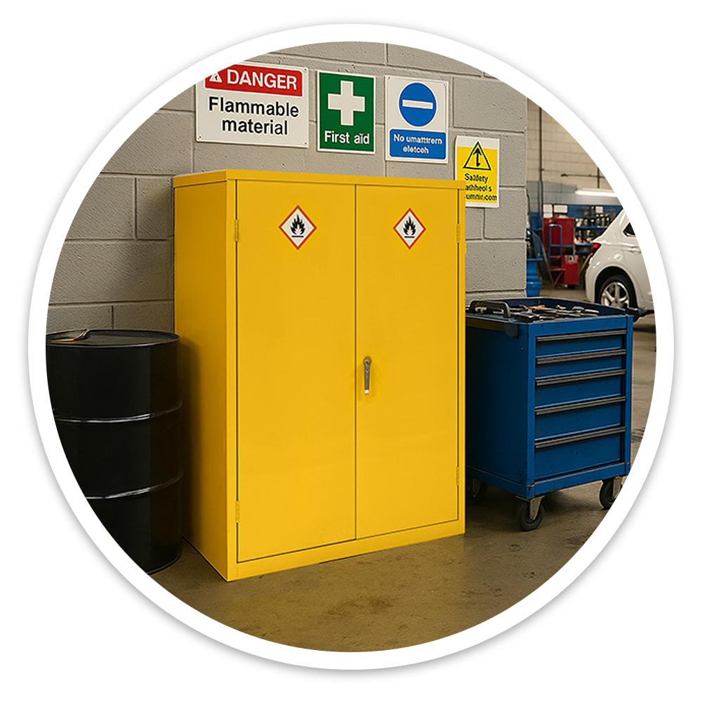 Yellow flammable COSHH cupboard against a block wall in a busy vehicle workshop beside a blue tool chest