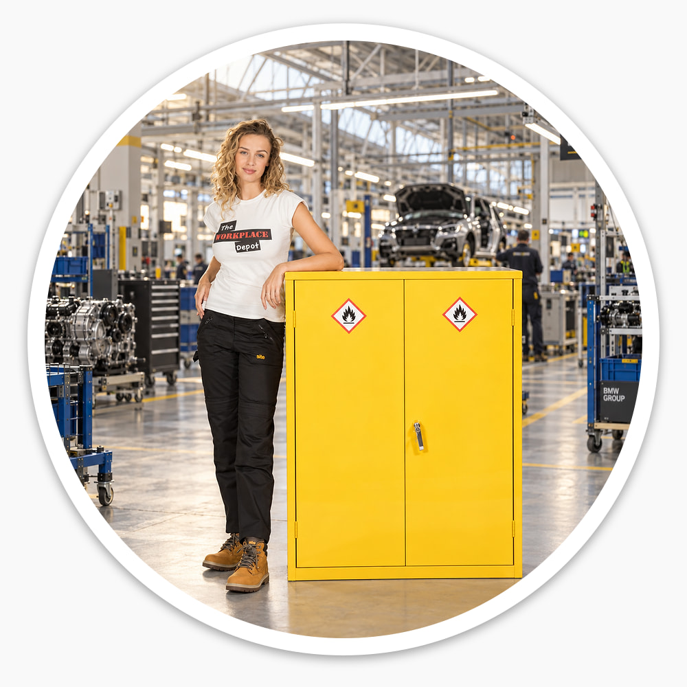 Woman leaning on a yellow 1220mm two-door flammable COSHH cupboard with hazard symbols on a car factory floor