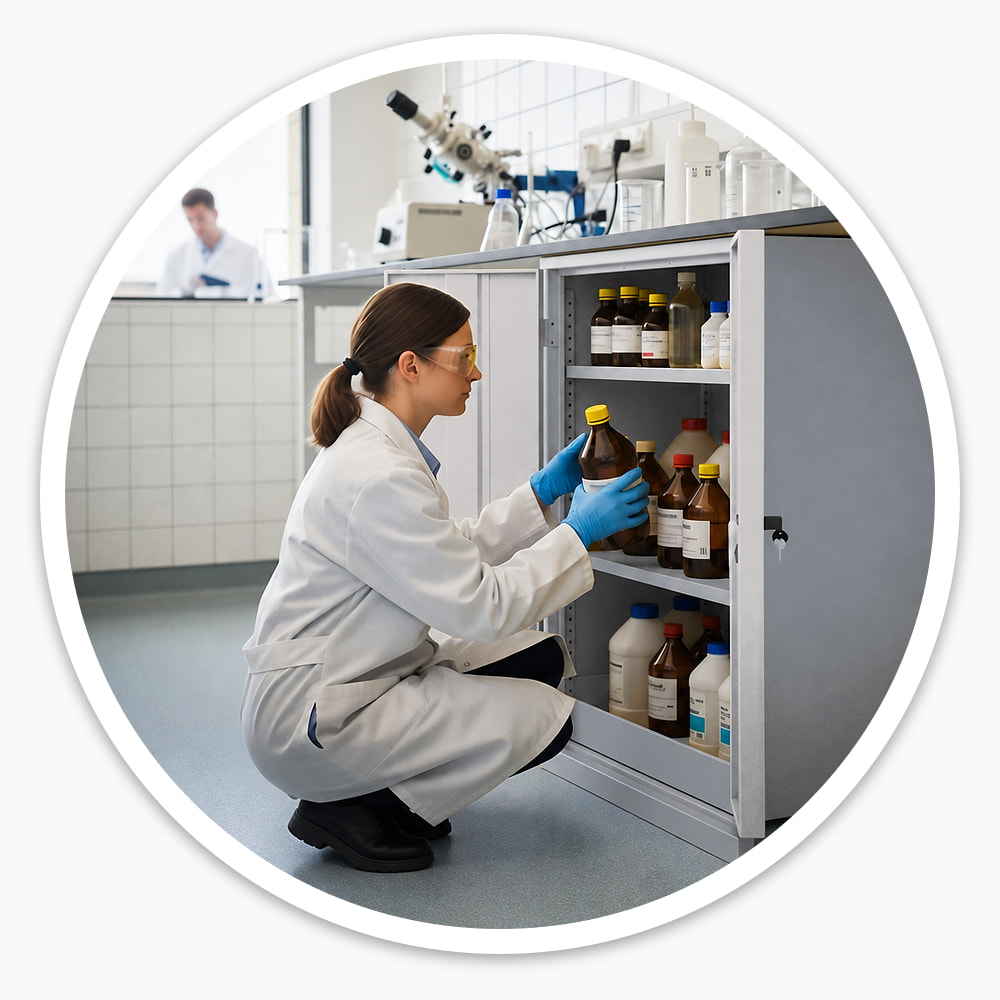 Lab technician in safety glasses and gloves storing chemical bottles on the shelves of a 1220mm 2-door COSHH cupboard