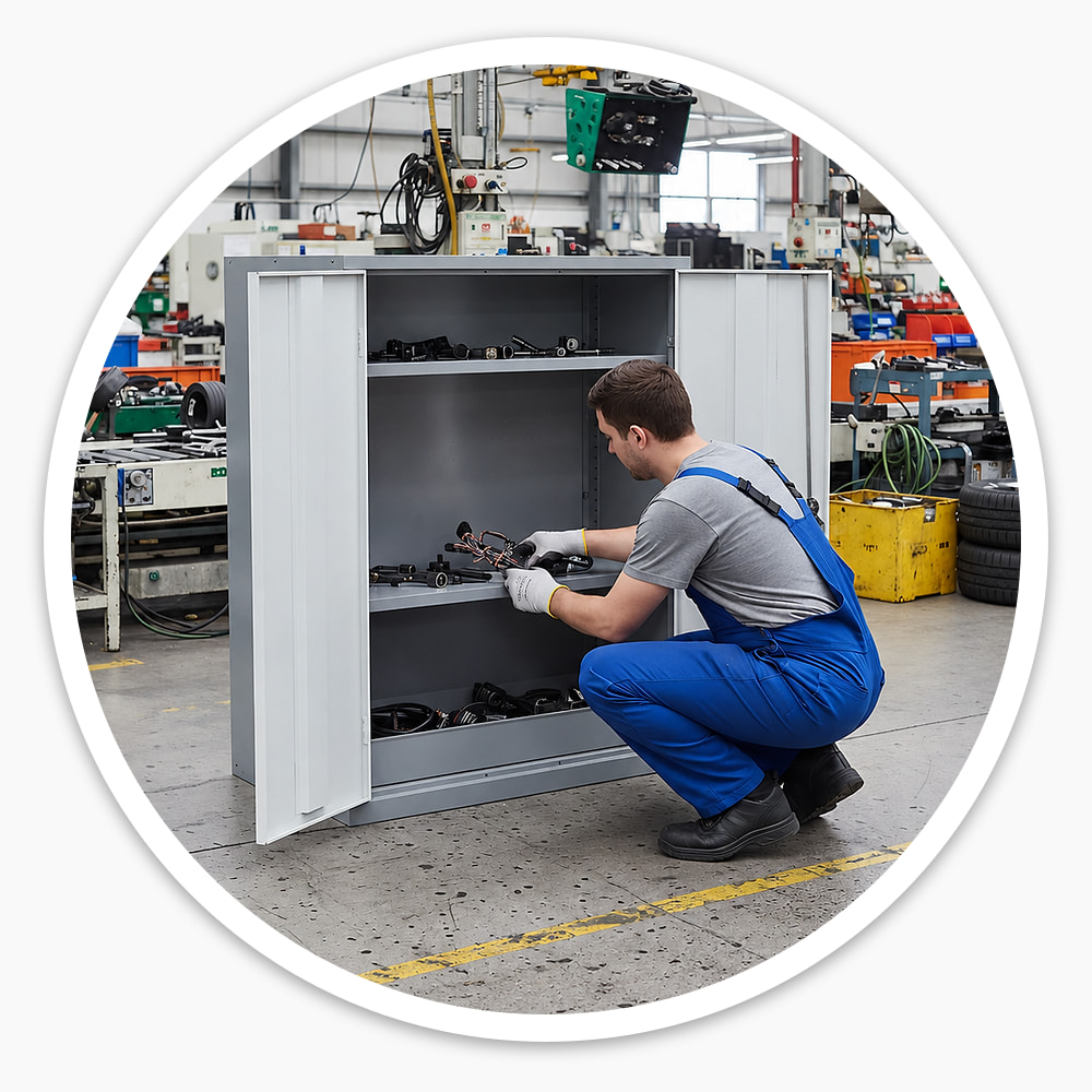 Worker in blue overalls stores parts in the open 1220mm COSHH Cupboard with 2 doors and 2 shelves on a factory floor