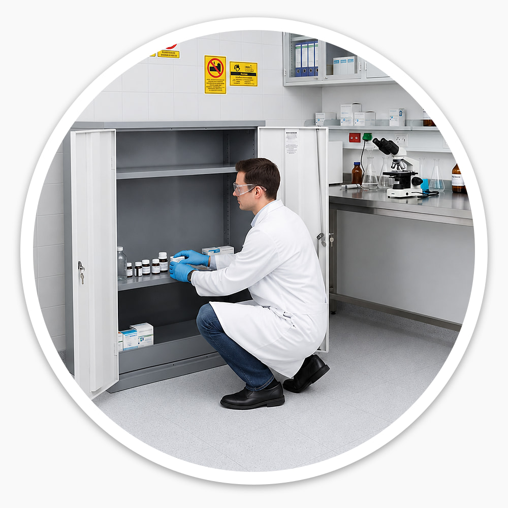 Lab technician placing medicine bottles on the shelf of an open 1220mm COSHH Cupboard with 2 doors and 2 shelves