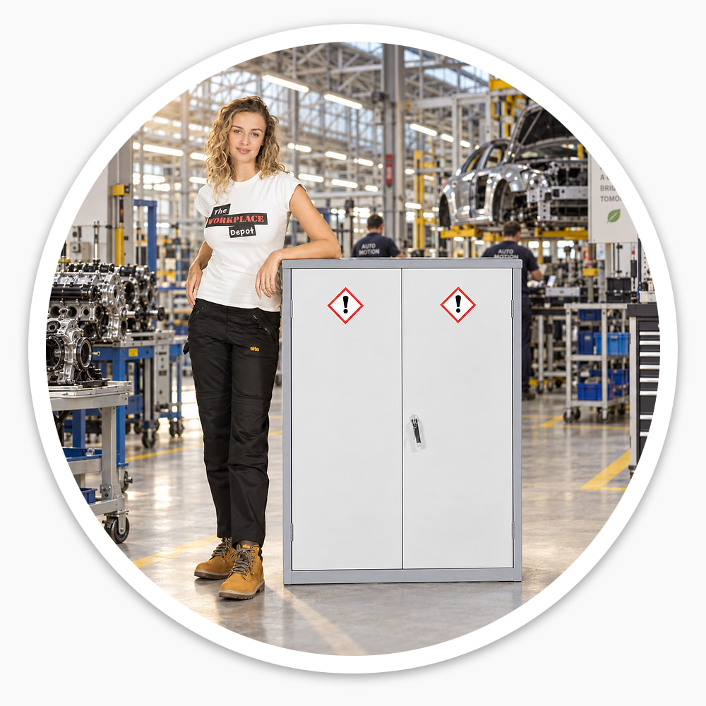 Woman leaning on a waist-high 1220mm two-door COSHH cupboard with hazard labels on a car factory floor
