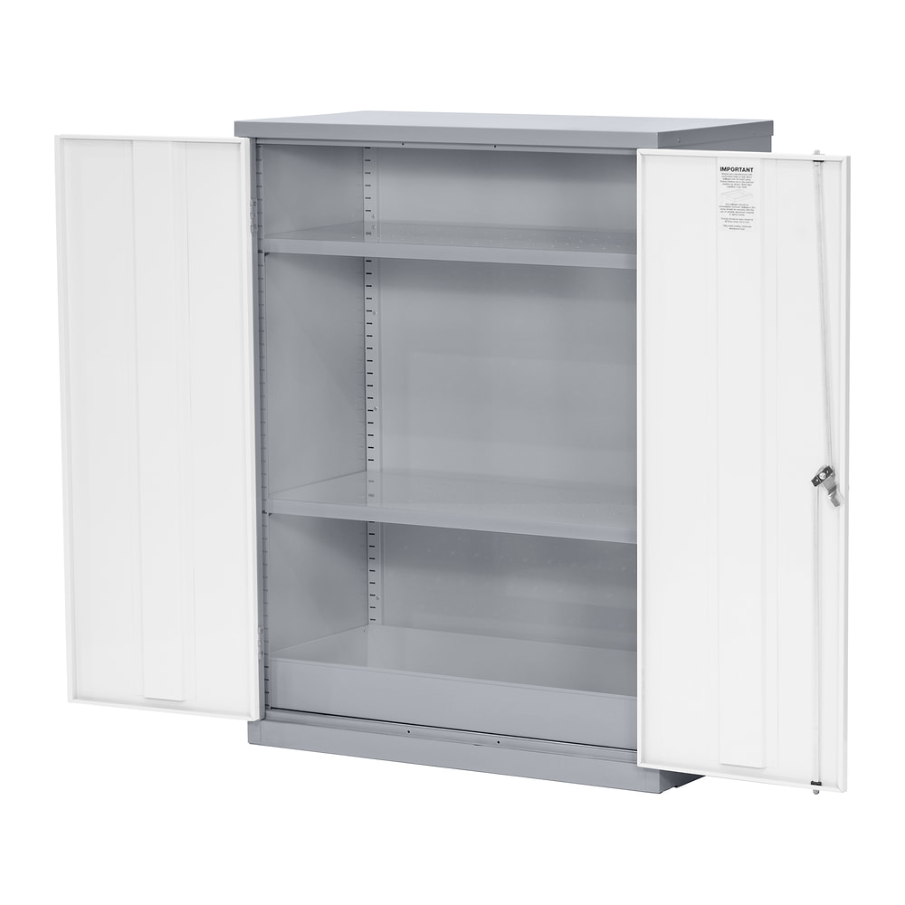 1220mm COSHH Cupboard with light grey steel doors open, showing stiffened door panels, two grey shelves and a spill sump