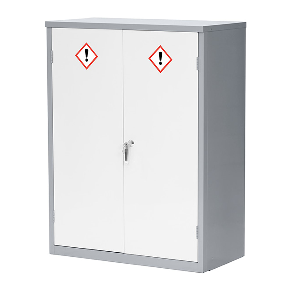 1220mm COSHH Cupboard with light grey powder-coated doors, grey steel body, hazard warning labels and a locking handle