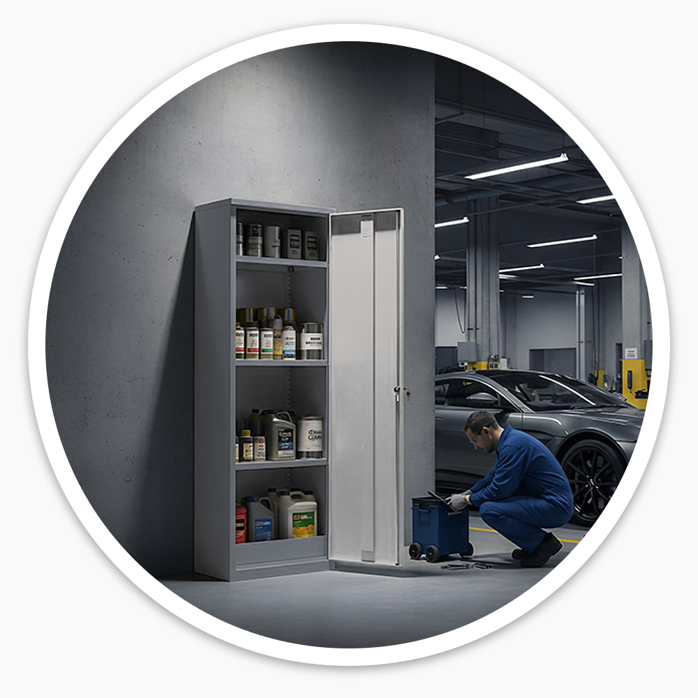 COSHH locker holding oil and fluid containers in a car workshop, with a mechanic kneeling beside it