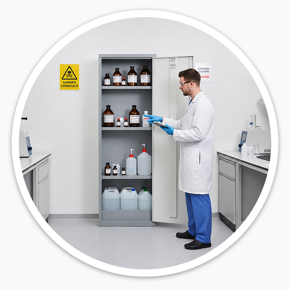 1830mm COSHH locker in a lab, open to show small bottles on the upper shelves and large containers below, as a technician checks stock