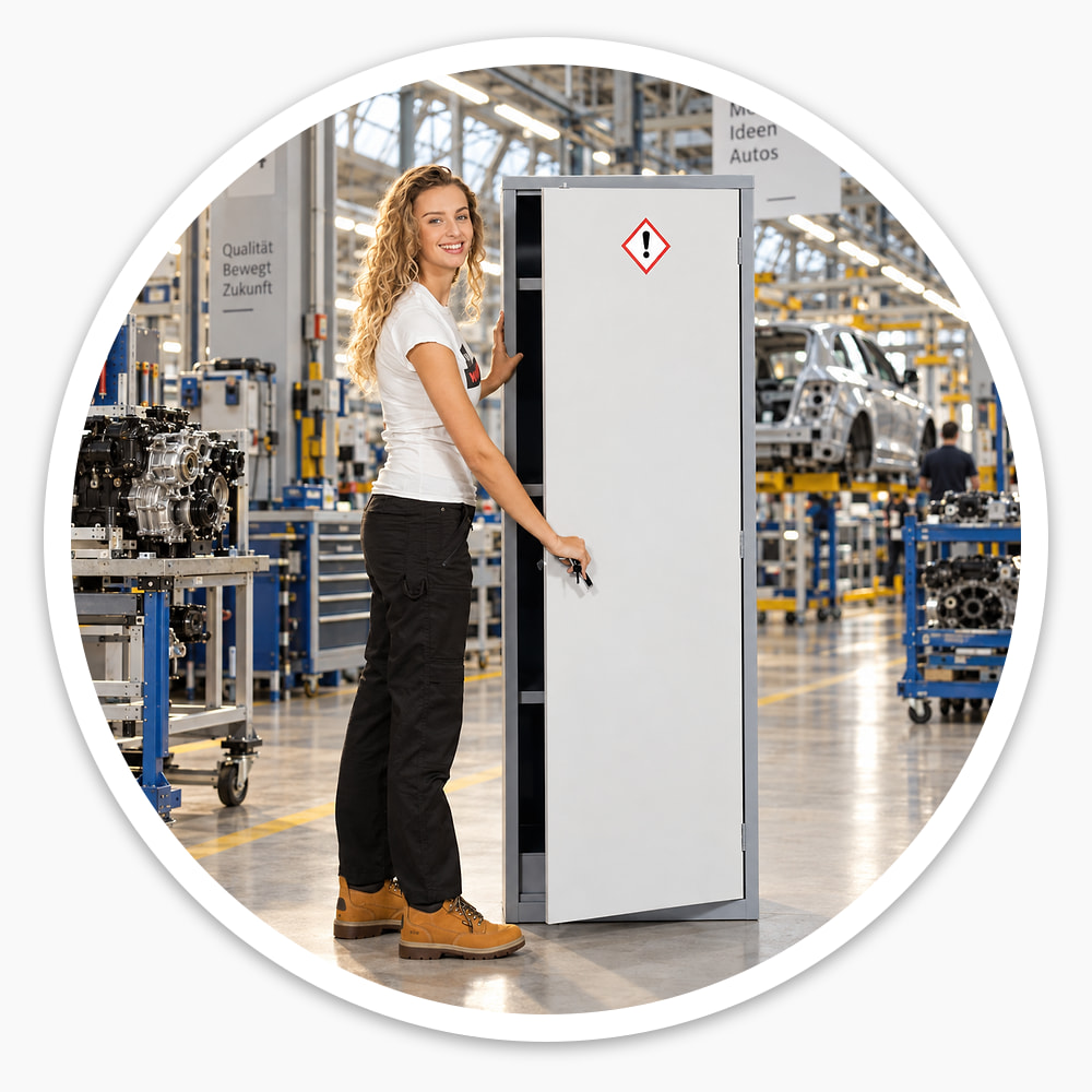Woman opening a tall 1830mm COSHH locker with hazard symbol on a car factory floor, standing taller than her