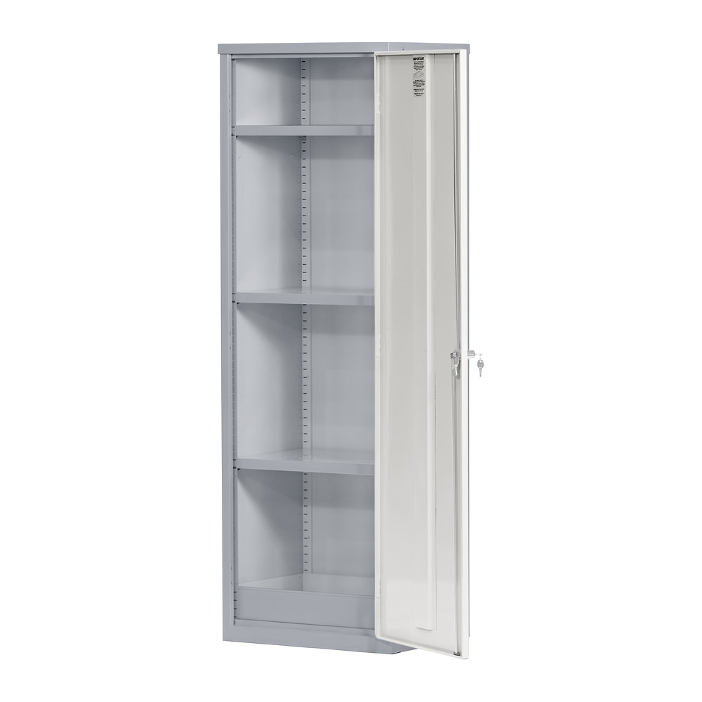 1830mm COSHH Locker with its steel door open, showing the reinforced inner panel, key lock, three shelves and spill sump