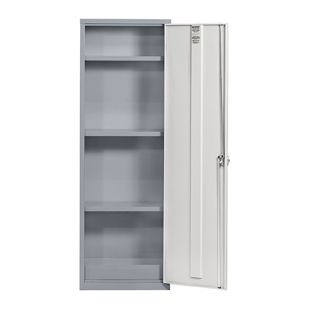 1830mm COSHH Locker in grey with its single light grey door open, showing 3 shelves and the spill sump base