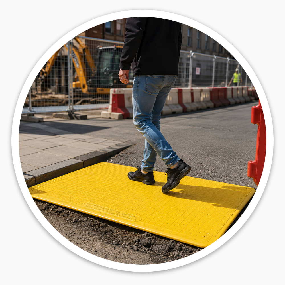 Pedestrian walking over a yellow Pedestrian Hole Cover beside a 'Pedestrians this way' sign at street roadworks