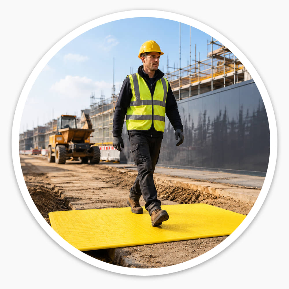 Site worker in hi-vis and hard hat walking across a yellow Pedestrian Hole Cover laid over a trench on a construction site