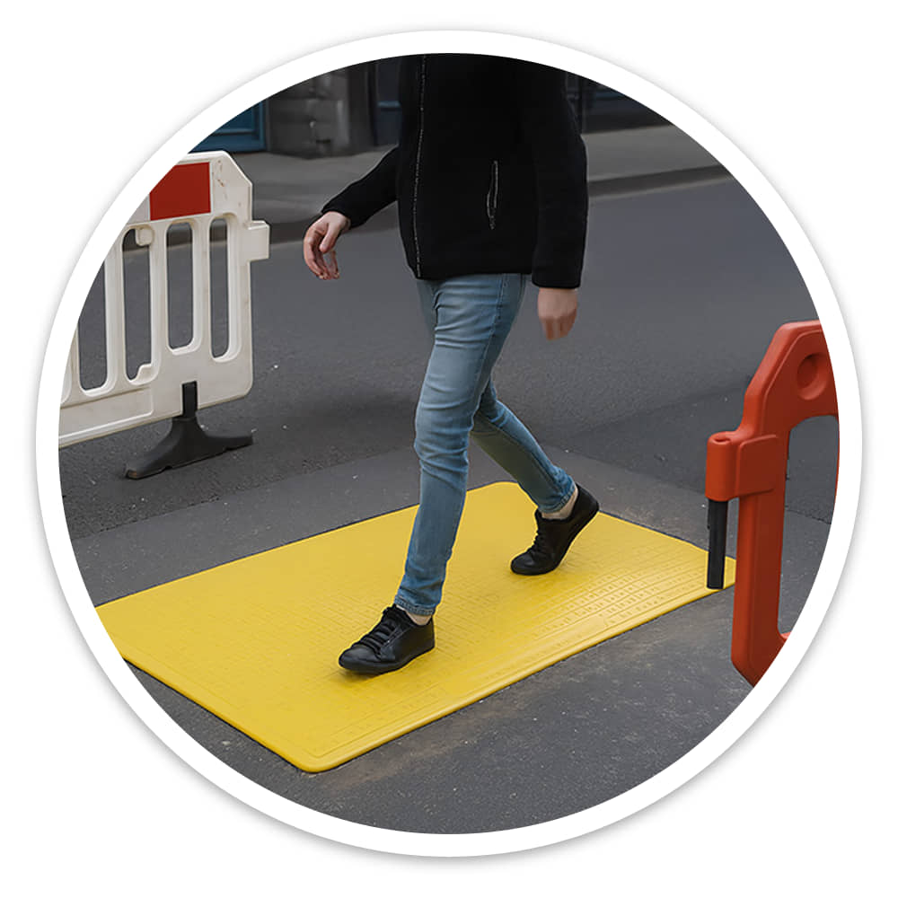 Person walking across the anti-slip surface of a yellow Pedestrian Hole Cover between barriers on a street