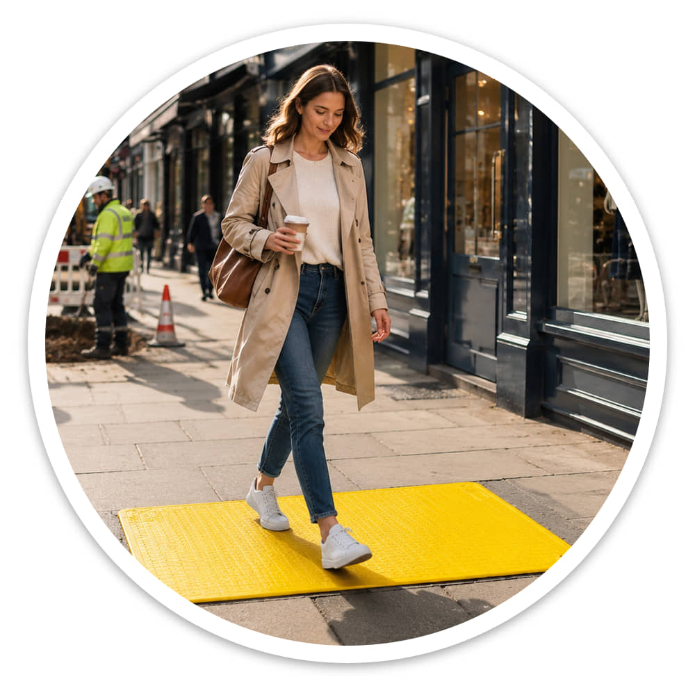 Woman with a coffee stepping onto a high-visibility yellow Pedestrian Hole Cover on a busy high street during works