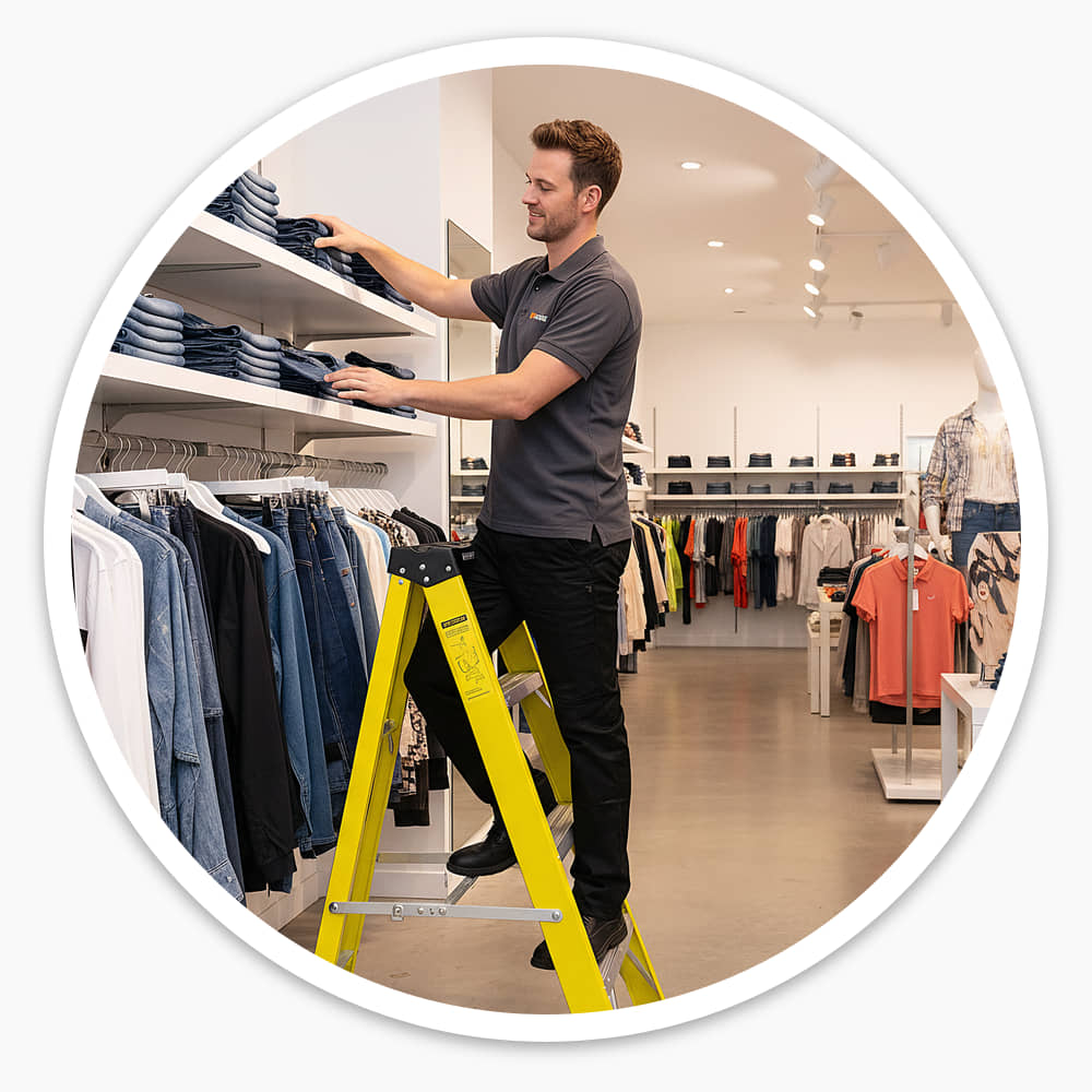 Retail worker standing on the 4 Tread Fibreglass Step Ladder to stock a high shelf