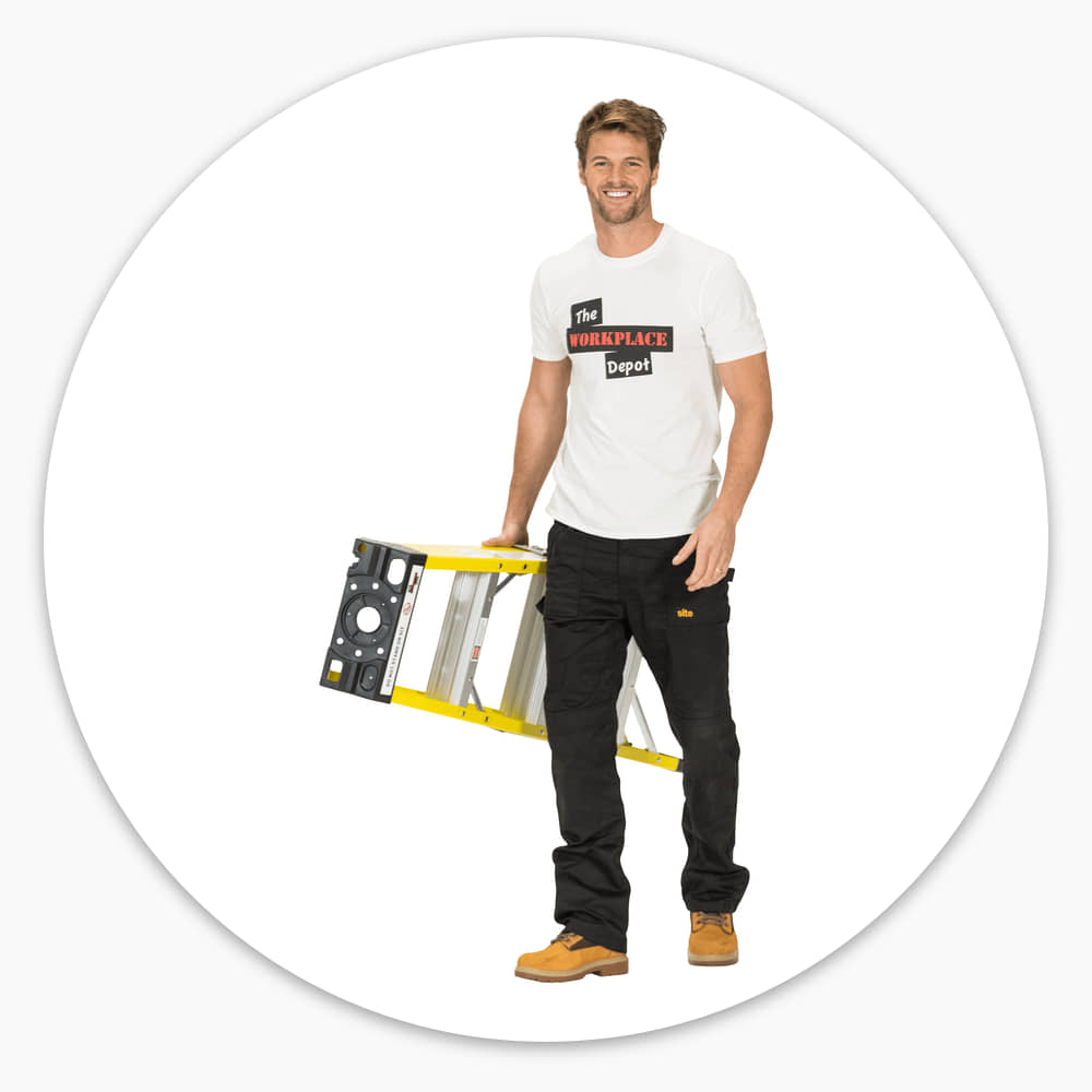 Man carrying the folded 4 Tread Fibreglass Step Ladder one-handed by his side