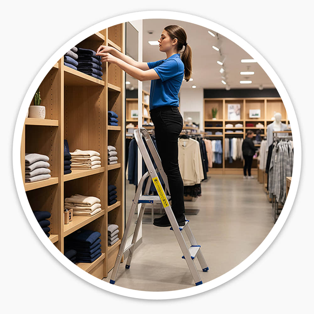 Retail worker stocking shelves from the 3 tread lightweight aluminium step ladder in a clothing store