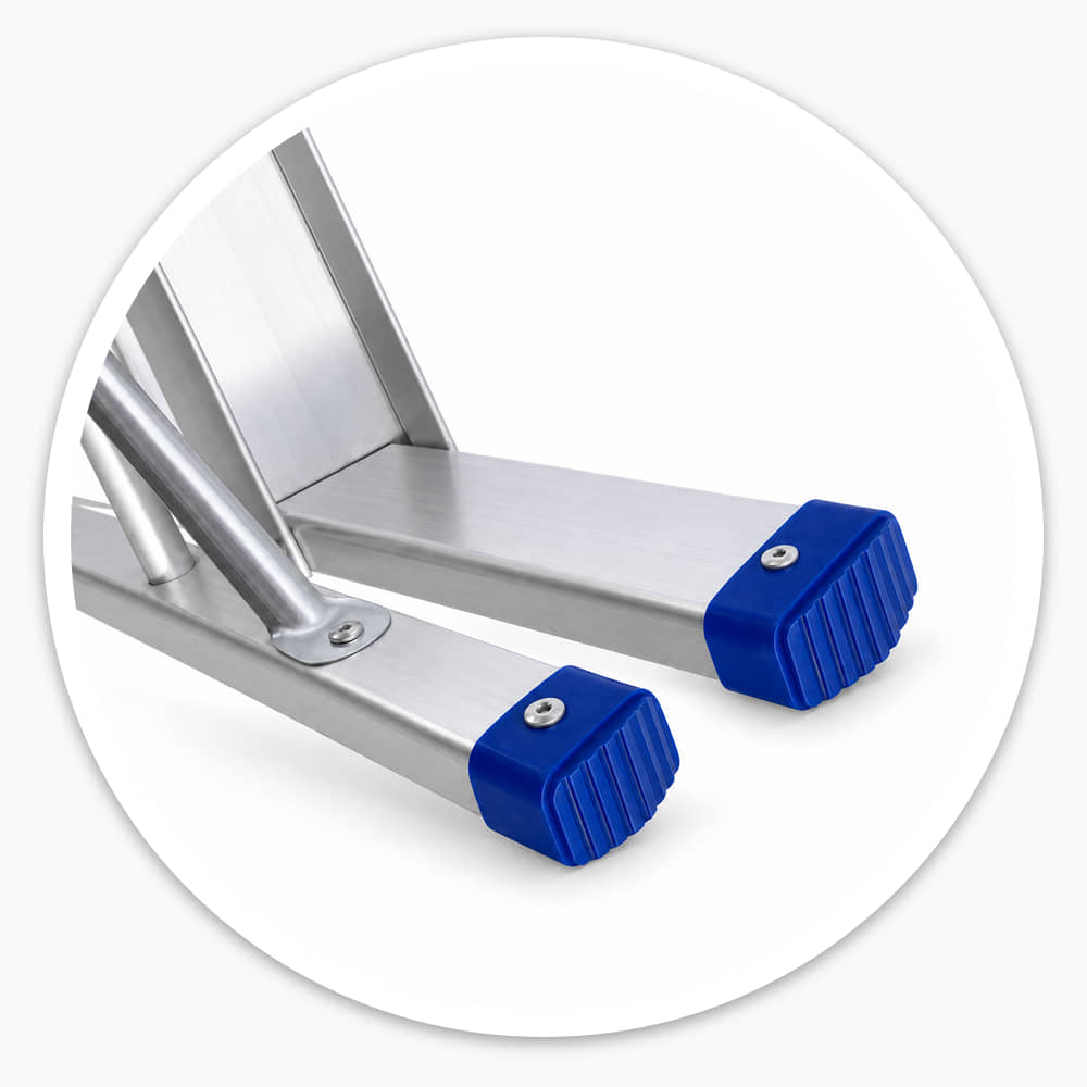 Close-up of the blue anti-slip rubber feet on the 3 tread lightweight aluminium step ladder
