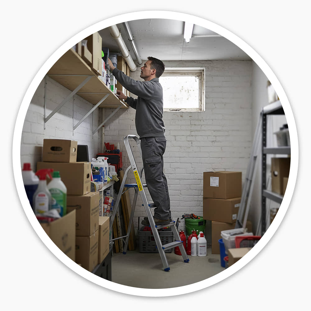 Worker reaching stock on a high storeroom shelf from the 4 Tread Lightweight Aluminium Step Ladder