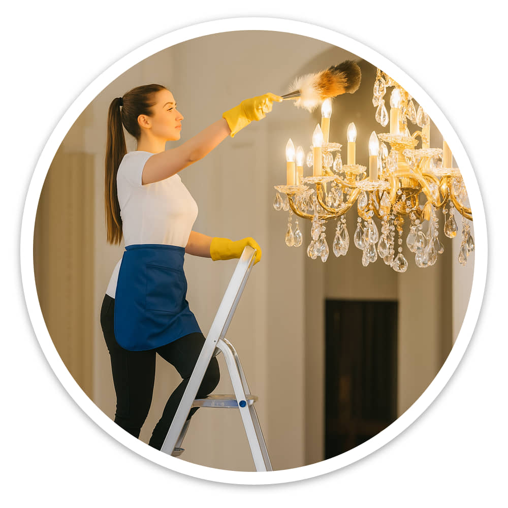 Cleaner holding the handrail of the 4 Tread Lightweight Aluminium Step Ladder while dusting a chandelier