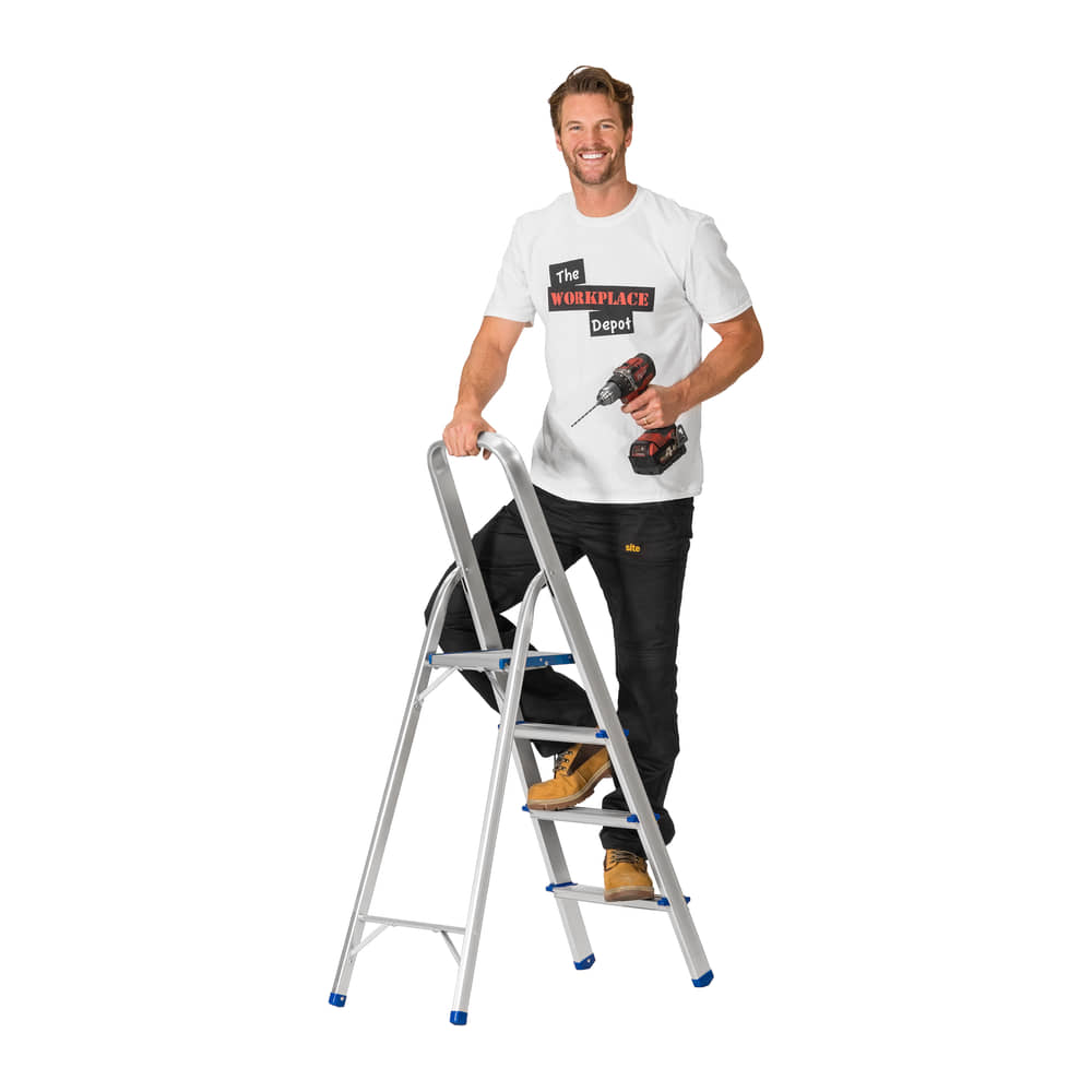 Man with a cordless drill standing on the 4 Tread Lightweight Aluminium Step Ladder, cut out on a white background